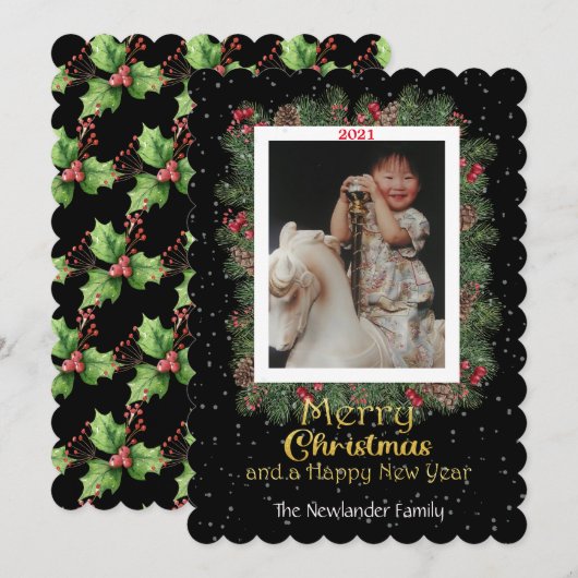 Winter Botanische stoffen en Snowflakes Foto Feestdagenkaart (Voorkant / Achterkant)