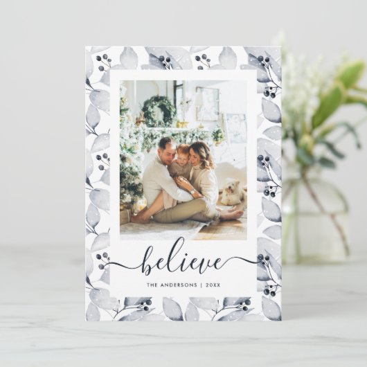 Winter Botanische stoffen Foto Believe kerstkaarte Feestdagenkaart (Staand voorkant)