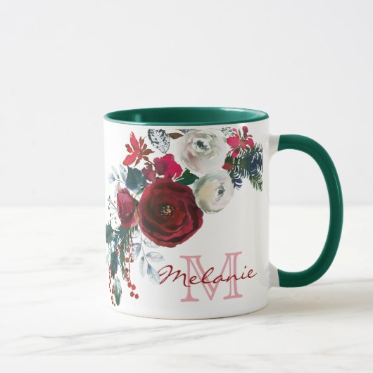 Winter Bourgogne Roos Bloemdennenboeket Monogram Mok (Rechts)