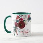 Winter Bourgogne Roos Bloemdennenboeket Monogram Mok (Links)