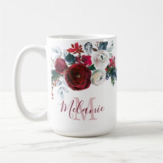 Winter Bourgogne Roos Bloementak Monogram Koffiemok (Links)