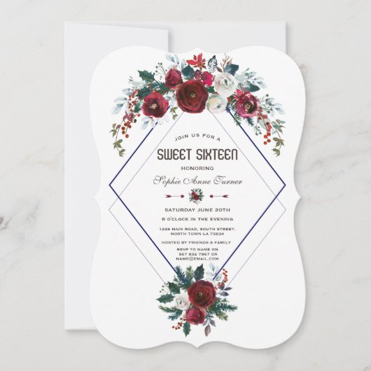 Winter Bourgondië Bloem Navyblauw Sweet 16 Kaart (Voorkant)