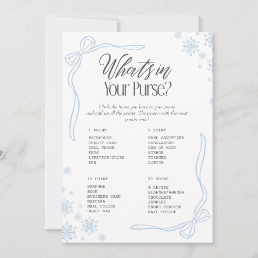 Winter Bow Blue Wat zit er in je tas? wild Kaart (Voorkant)