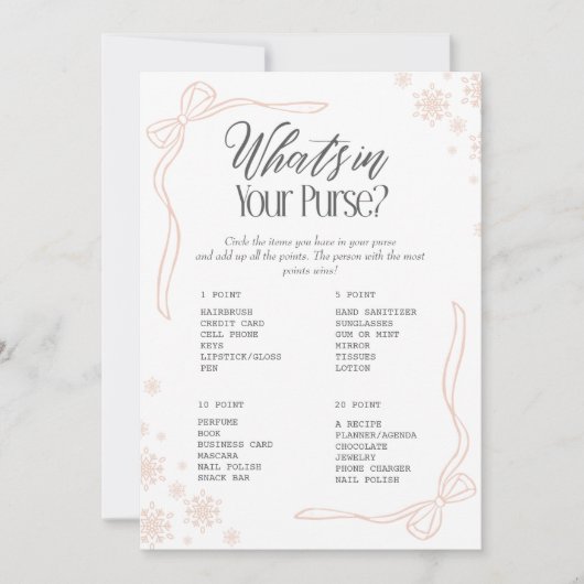 Winter Bow Taupe What's In your Purse? Game Kaart (Voorkant)