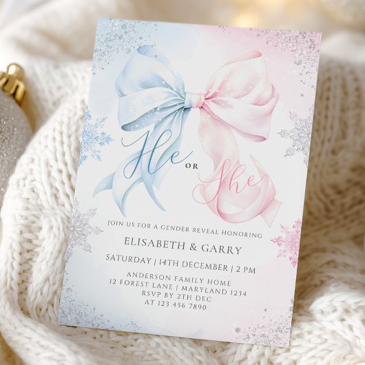 Winter Bows Snowflakes Gender Reveal Invitation Kaart