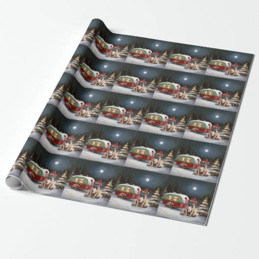 Winter Boxer Caravan Kerst Avontuur Cadeaupapier (Uitgerold)
