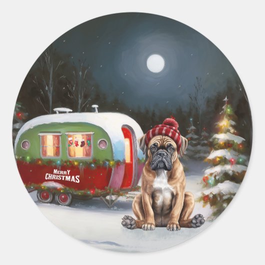 Winter Boxer Caravan Kerstavontuur Ronde Sticker (Voorkant)