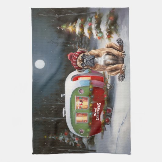 Winter Boxer Caravan Kerstavontuur Theedoek (Verticaal)