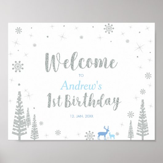Winter Boy 1st Birthday Party Welkomstteken Poster (Voorkant)