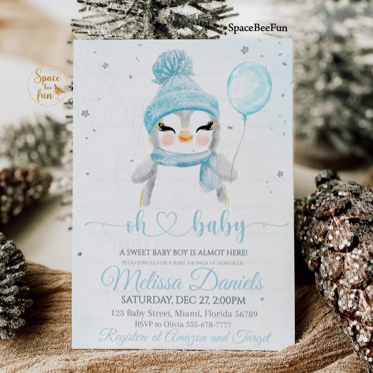 Winter Boy Baby shower nodigt Pinguin uit Kaart