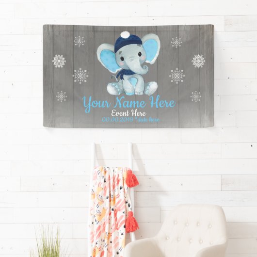 Winter Boy Elephant Backdrop NavySnowflakes Banner (Insitu)
