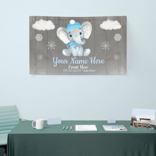 Winter Boy Olifant Achtergrond Blauwe Sneeuwvlokke Spandoek (Beurs)