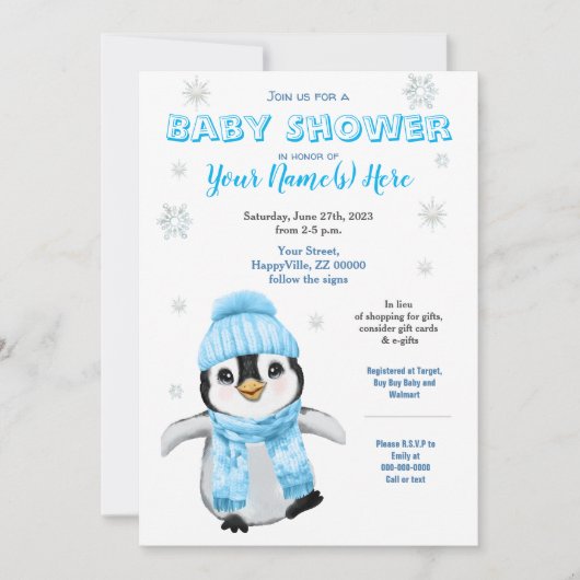 Winter Boy Penguin Baby shower BlueInvitation Kaart (Voorkant)
