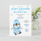 Winter Boy Penguin Baby shower BlueInvitation Kaart (Staand voorkant)