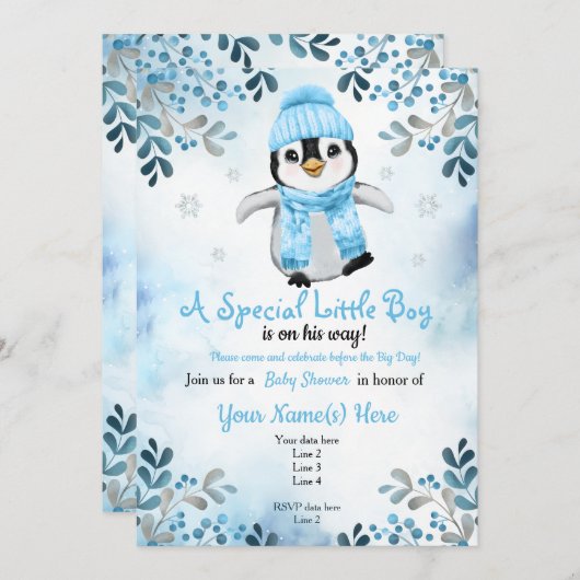 Winter Boy Penguin Douche uitnodiging Blauwe Sneeu (Voorkant / Achterkant)