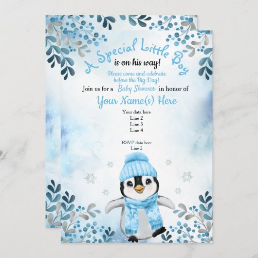 Winter Boy Penguin Douche uitnodiging Blauwe Sneeu (Voorkant / Achterkant)