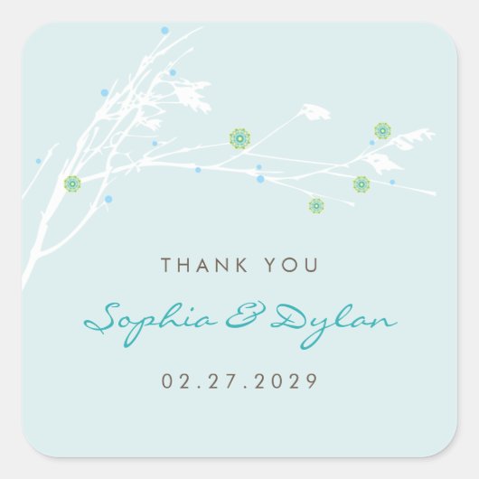 Winter Branch Snow Flower Wedding Bedankt Vierkante Sticker (Voorkant)