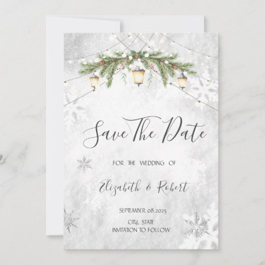 Winter Branches Lantaarn Snowflakes Save The Date (Voorkant)