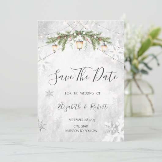 Winter Branches Lantaarn Snowflakes Save The Date (Staand voorkant)