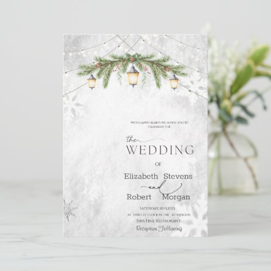 Winter Branches Lantaarn Snowflakes Wedding Kaart (Staand voorkant)
