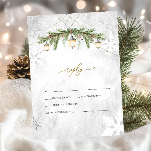 Winter Branches Lantaarn Snowflakes Wedding RSVP Kaart