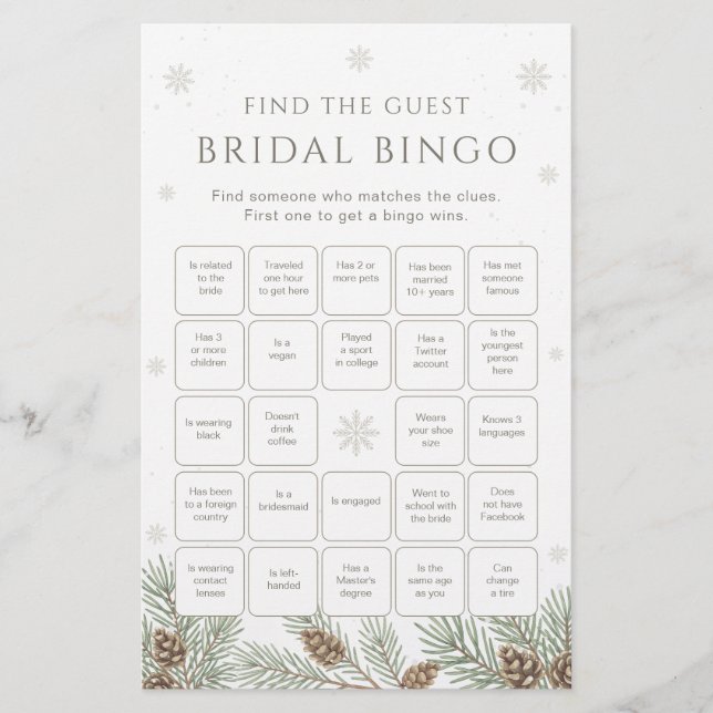 Winter Bridal Shower Bingo Game Find the Guest (Voorkant)