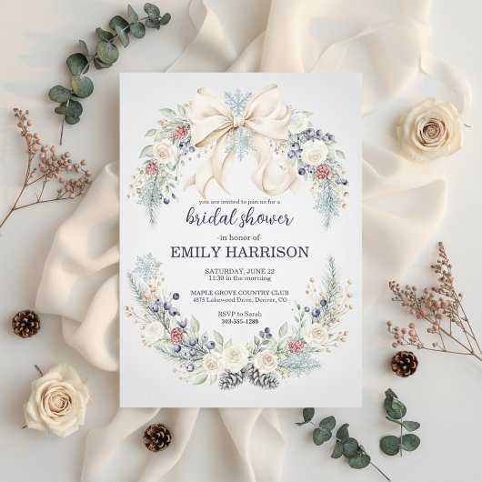 Winter Bridal Shower Invitation Cream Bow Floral Kaart