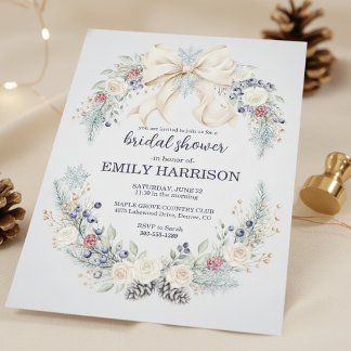 Winter Bridal Shower Invitation Cream Bow Floral Kaart