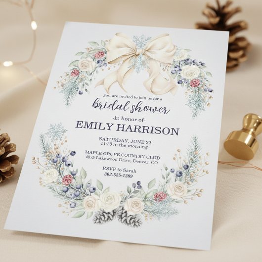 Winter Bridal Shower Invitation Cream Bow Floral Kaart