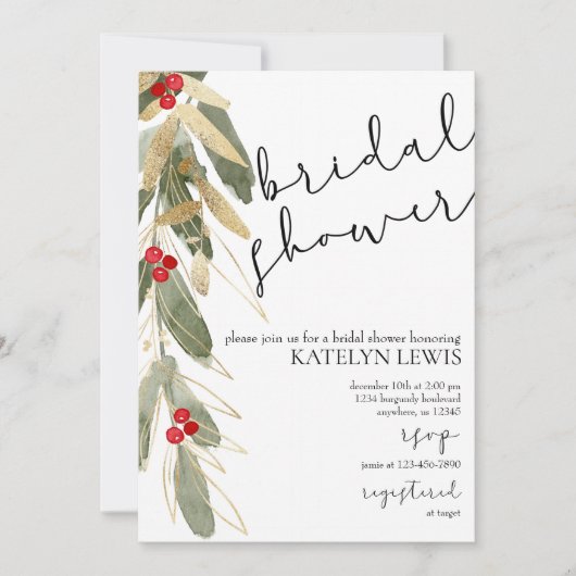 Winter Bridal Shower Invitation Gold Holly Kaart (Voorkant)