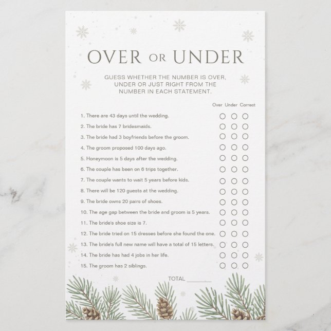 Winter Bridal Shower Over or Under Game (Voorkant)