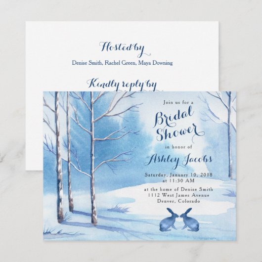 Winter Bruids Douche Uitnodiging Bomen Konijnen (Voorkant / Achterkant)