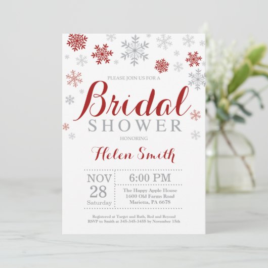 Winter Bruids Douche Uitnodiging Bourgogne Sneeuwv (Staand voorkant)