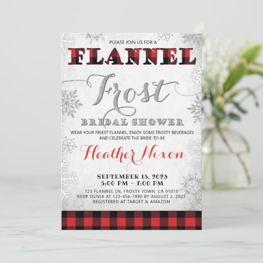 Winter bruids douche uitnodiging Flanel en vorst (Staand voorkant)