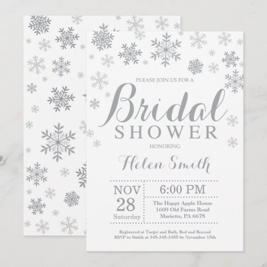 Winter Bruids Douche Uitnodiging Grijze Sneeuwvlok (Voorkant / Achterkant)