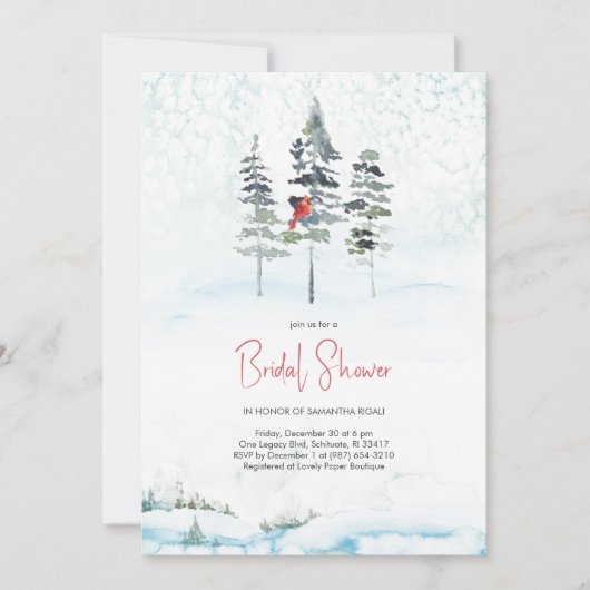 Winter Bruids Douche Uitnodigingen Waterverf Pines (Voorkant)