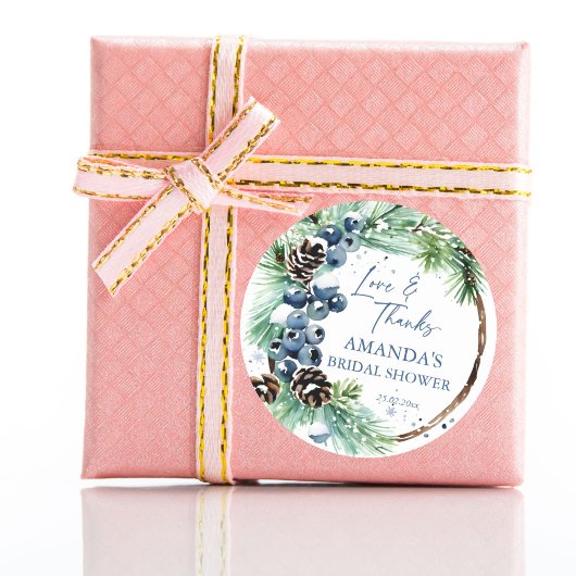 Winter bruidsfeest waterverf dennen krans cadeautj ronde sticker