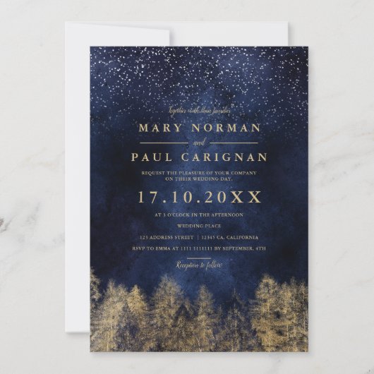 Winter bruidstaart dennenbomen bos navy-blauw kaart (Voorkant)