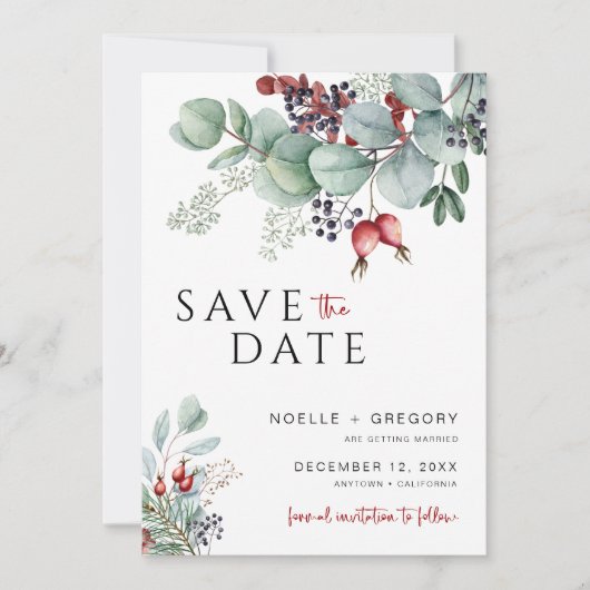 Winter Bruiloft Bewaar de datum Eucalyptus Bladgro Save The Date (Voorkant)