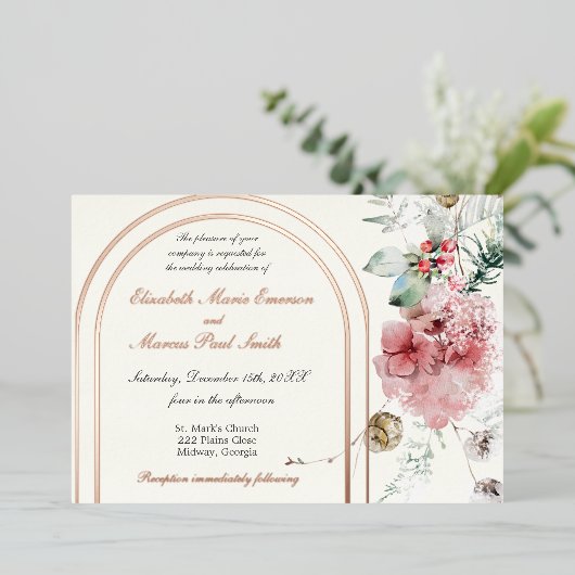 Winter bruiloft bloemendubbele boog folie uitnodiging (Staand Voorkant)