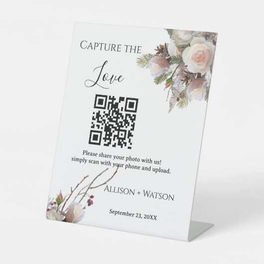 Winter bruiloft Capture liefde QR code bruiloft fo Reclamebord Met Voetstuk (Voorkant)