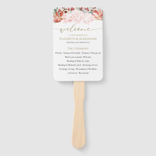 Winter bruiloft ceremonie programma vergulde bloem handwaaier (Voorkant)