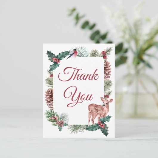 Winter bruiloft dank u kerst herten bloemen briefkaart (Staand voorkant)