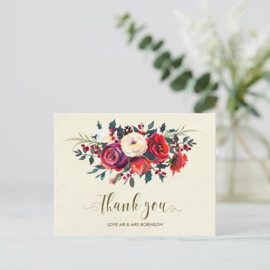 Winter bruiloft Dank u rozen bessen Briefkaart (Staand voorkant)