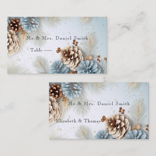 Winter bruiloft dennen kegels blauw bruin wit plaatskaartje (Voorkant / Achterkant)