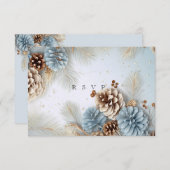 Winter bruiloft dennen kegels blauw bruin wit RSVP (Voorkant / Achterkant)