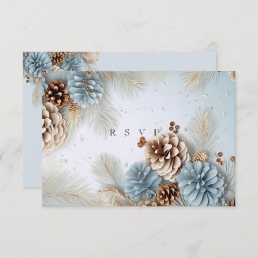 Winter bruiloft dennen kegels blauw bruin wit RSVP (Voorkant / Achterkant)