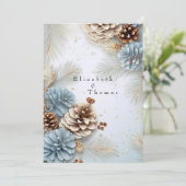 Winter bruiloft dennen kegels modern blauw bruin w kaart (Staand voorkant)