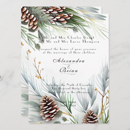 Winter bruiloft dennen kegels sneeuw dennen takken kaart (Voorkant / Achterkant)