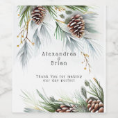 Winter bruiloft dennen kegels sneeuw dennen takken wijn etiket (Enkel label)